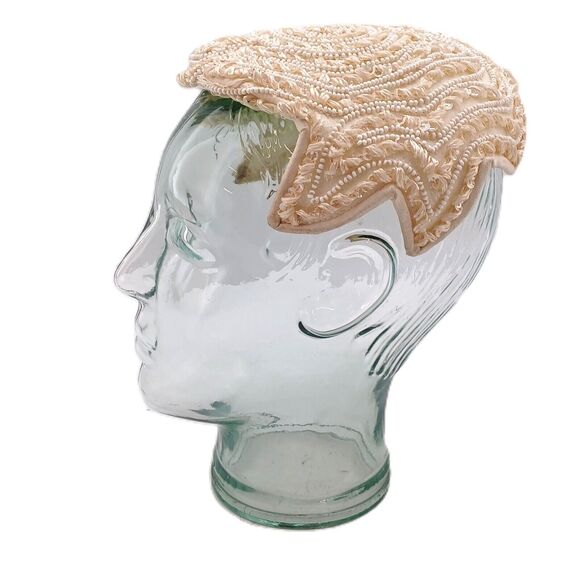 Amy New York Cocktail Cap Fascinator Hat Beaded w/ Pearl Cream White Headdress - Picture 4 of 14